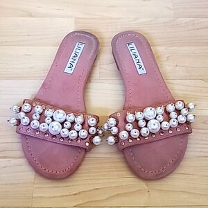 Liliana Pearl and Gold Studembellished Flat Sandal Slide Size 5.5